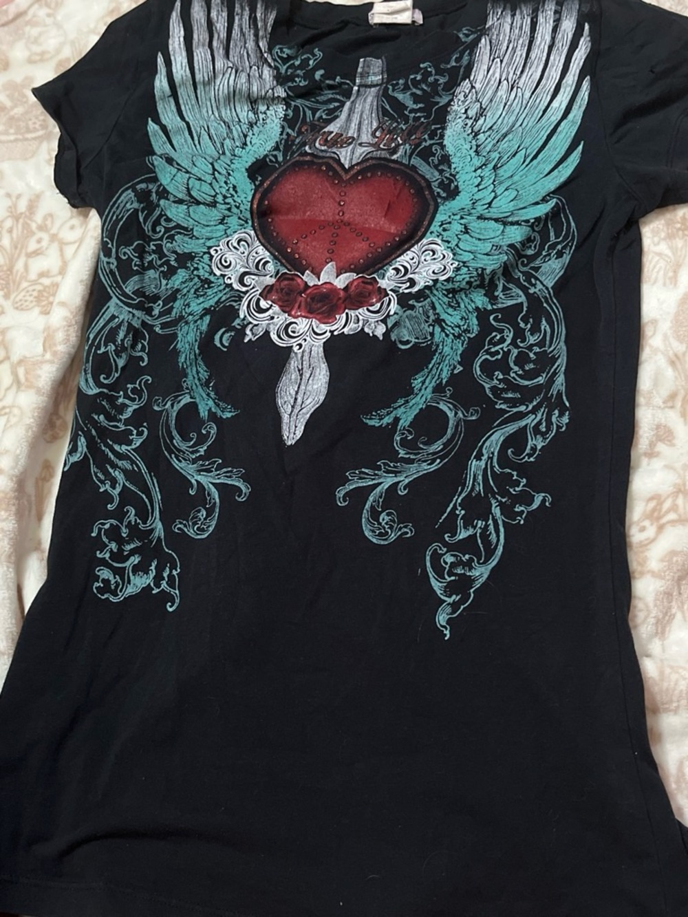 New Mix Black Tee with Red Heart and Teal Wings